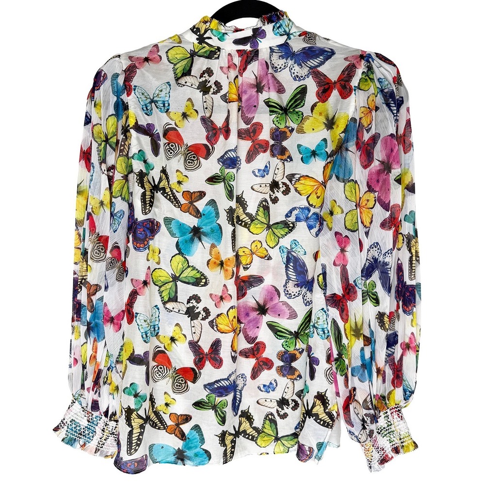 Alice + Olivia Women's Ilan Smocked Sleeve Button Front Blouse Butterfly High - Picture 5 of 11
